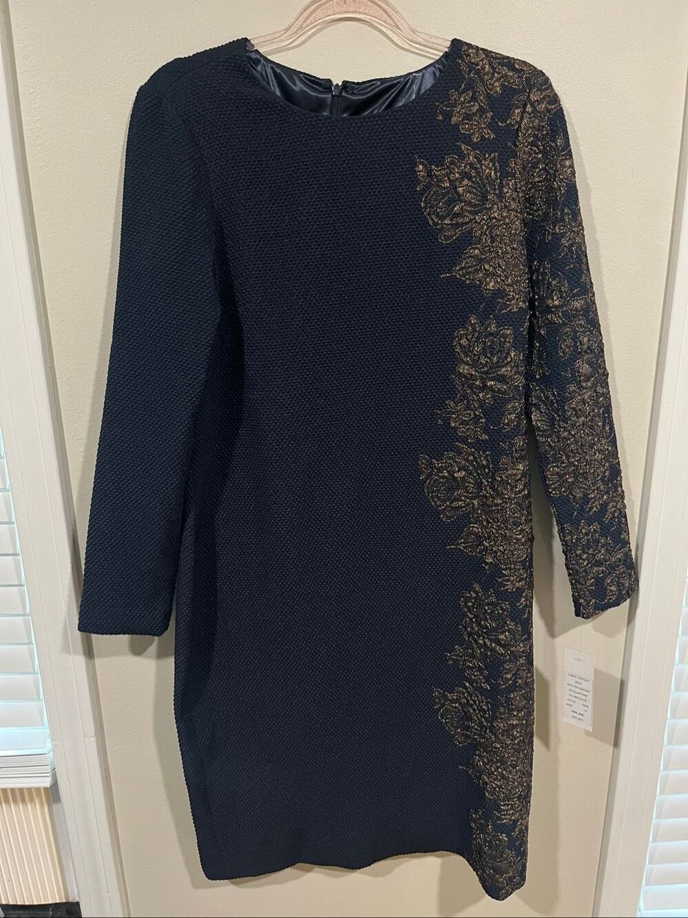 NWT Teri Jon by Rickie Freeman Navy Sheath Dress  Long Sleeve Gold Applique Size